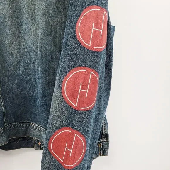 LIZI PHOENIX Old Navy Custom Hand-painted Blue Jean Trucker Jacket Men's Size L - Picture 3 of 11